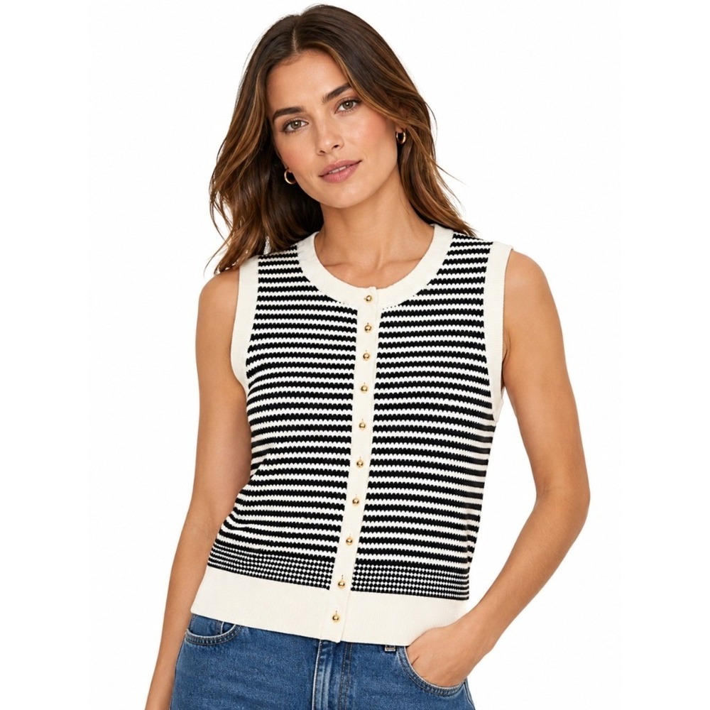 Adrianna Papell Womens Striped Knit Sweater Vest Gold Button Black Ivory L